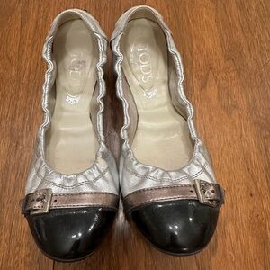 Tod’s Cap-toe Ballet Flat with Buckle Detail, Size 7.5, Flaw